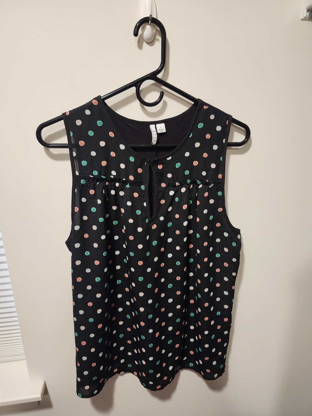 Elle Black Sleeveless Polka Dot Top with Coral, Teal & White Dots